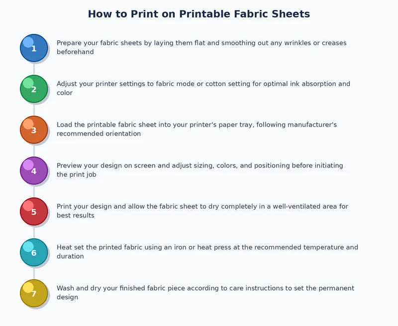 Step-by-step process diagram showing how to print on fabric sheets from file setup to finished project