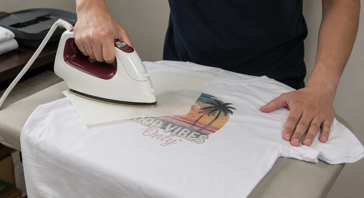 How to print on heat transfer paper showing supplies laid out including transfer sheets, iron, and cotton t-shirt