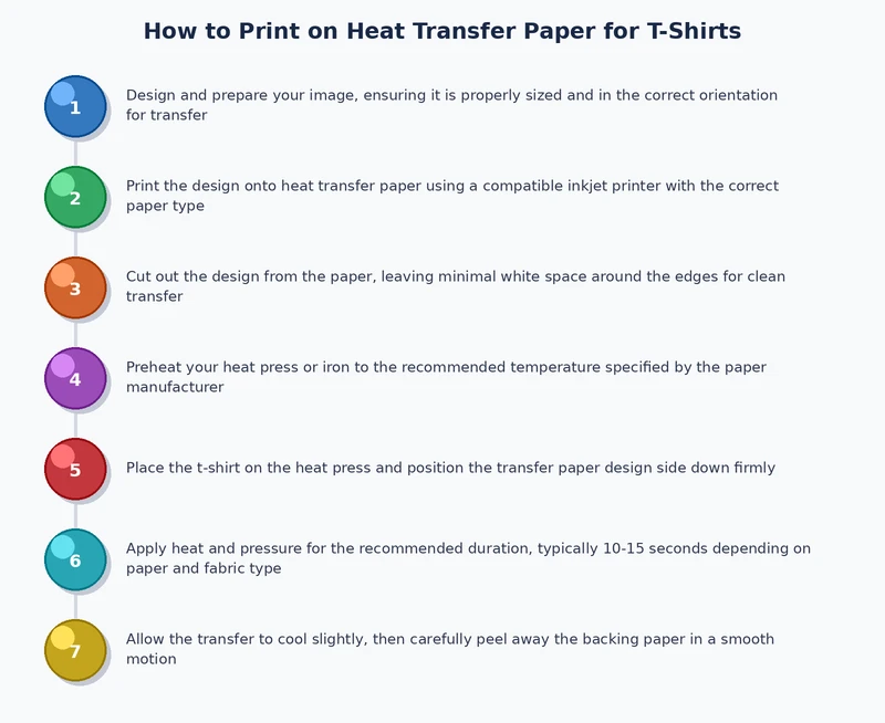 Step-by-step process diagram showing the heat transfer paper workflow from design to finished t-shirt
