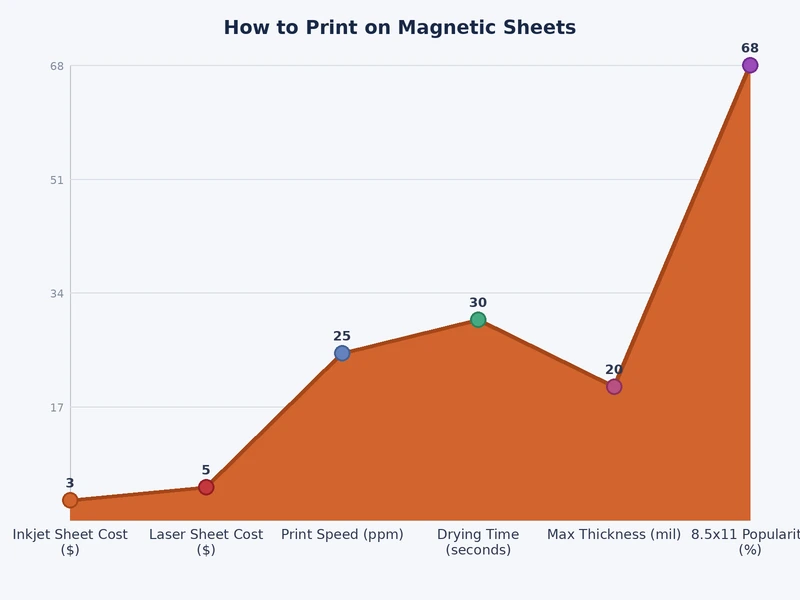 Chart comparing magnetic sheet types by thickness, printer compatibility, and recommended uses