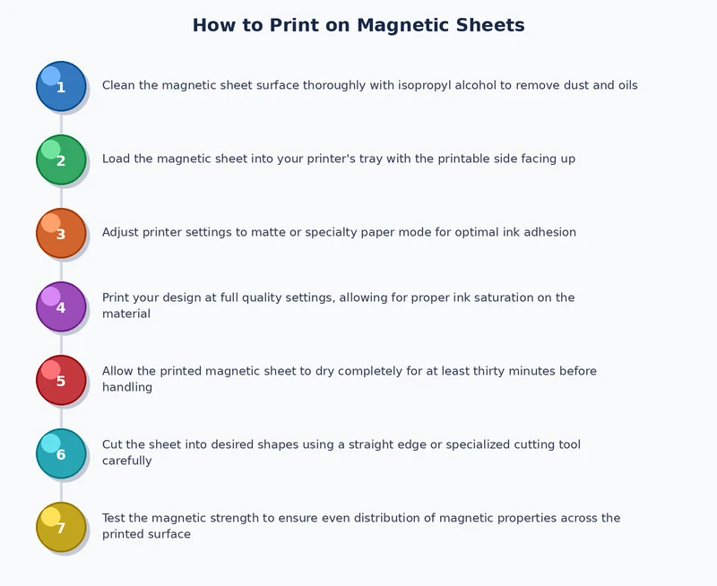 Step-by-step process diagram showing how to print on magnetic sheets from design to finished magnet