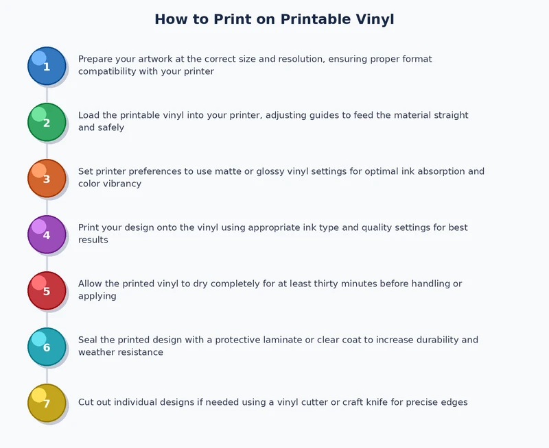 Step-by-step process diagram showing the vinyl printing workflow from design to application