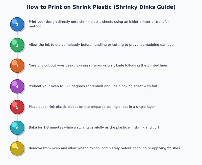 Step-by-step process diagram showing design, print, cut, bake, and seal stages for shrink plastic