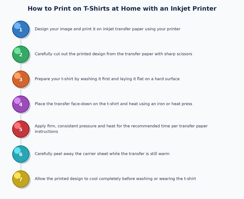 Step-by-step process diagram for printing and pressing t-shirt transfers at home