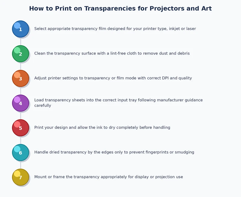 Step-by-step process diagram showing how to print on transparencies from file setup through drying