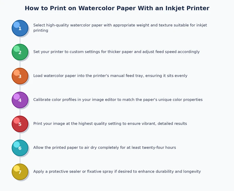 Step-by-step diagram showing the watercolor paper inkjet printing process from flattening through final drying