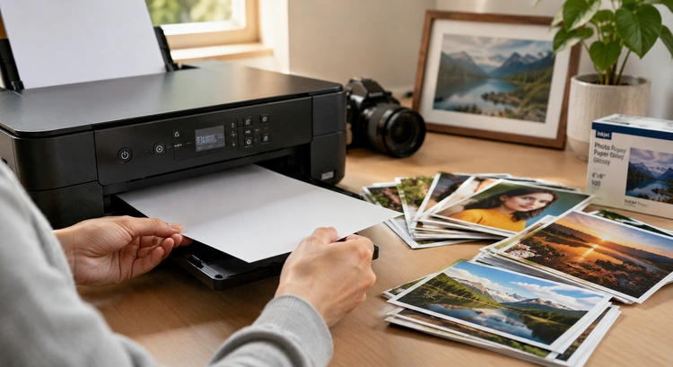 Home photo printing setup showing how to print photos at home with an inkjet printer and photo paper