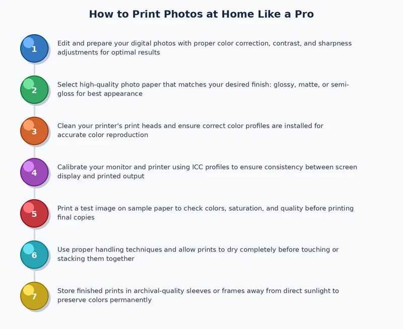 Step-by-step process diagram for printing photos at home from file preparation to final output