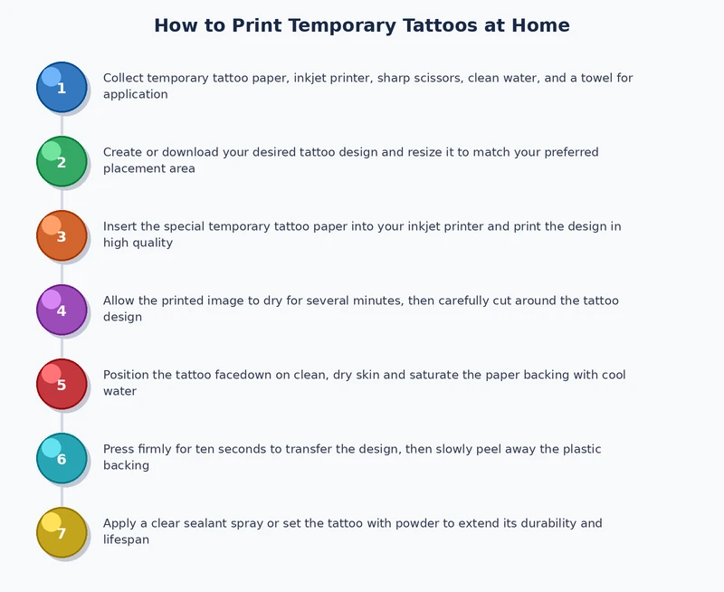 Step-by-step process diagram showing how to print temporary tattoos at home from design to application