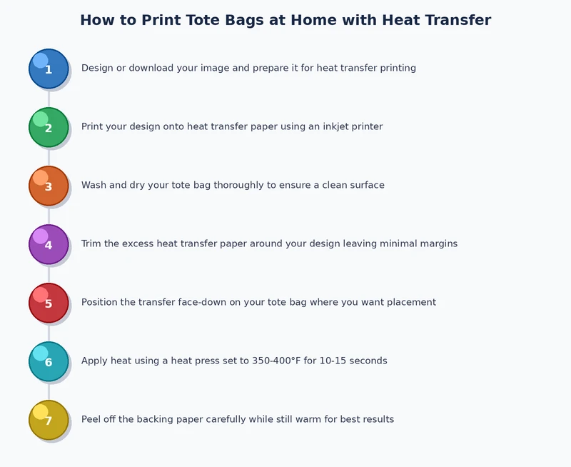 Step-by-step process diagram for heat transfer printing on tote bags from design to finished product