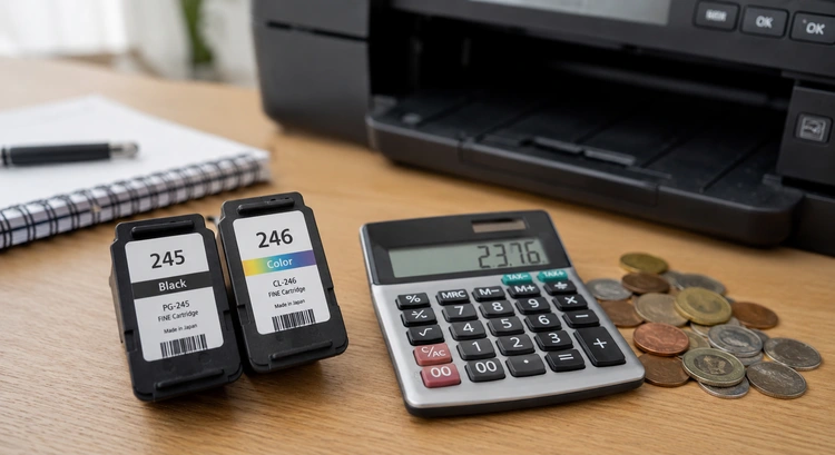 Printer ink cartridges and refill bottles illustrating how to reduce printer ink costs