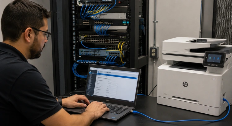 Shared printer connected to a business network with multiple workstations sending print jobs