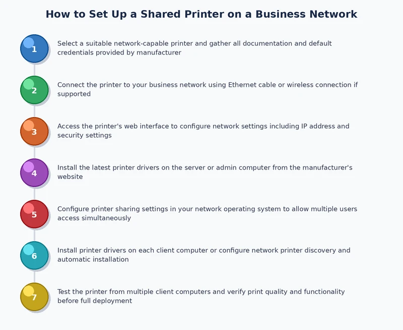 Flowchart showing the process of setting up a shared printer on a business network from connection to client configuration