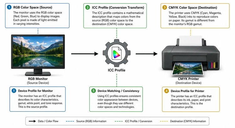 Infographic showing ICC profile workflow from calibration through print output