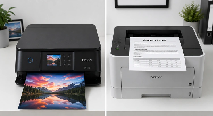 Side-by-side comparison showing inkjet vs laser printer differences in design and output