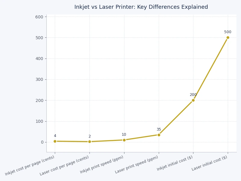 Bar chart comparing inkjet vs laser printer cost per page, speed, and photo quality scores