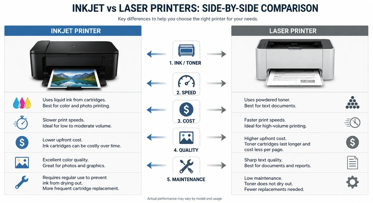 Infographic summarizing inkjet vs laser printer differences across five key categories