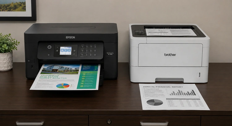 Inkjet vs laser printer for business comparison on an office desk