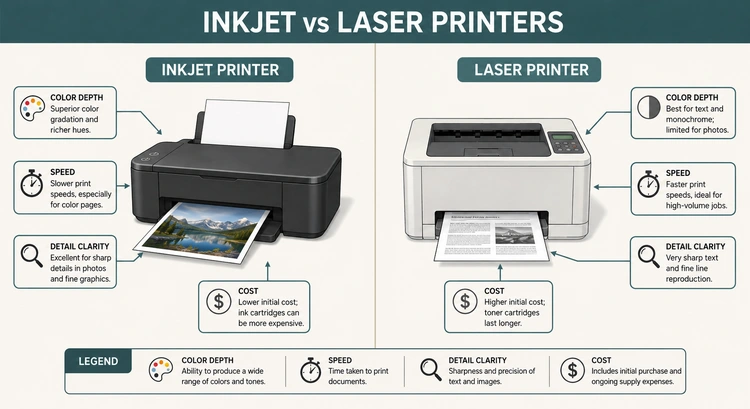 Infographic comparing inkjet and laser printer specifications for photo printing