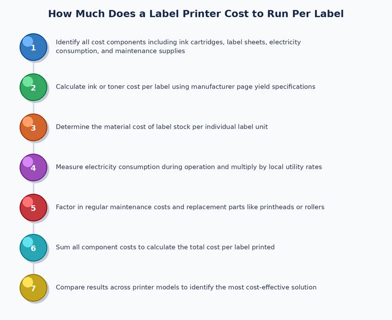 Flowchart showing the step-by-step process for calculating label printer cost per label