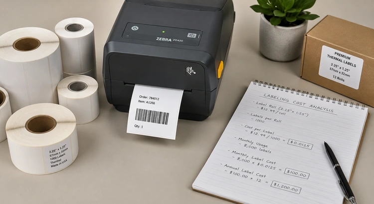 Label printer running cost per month breakdown showing supplies and electricity