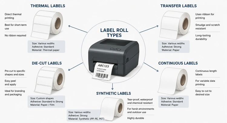 Infographic showing label printer roll types explained by material and printing method