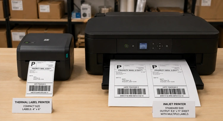 Label printer vs regular printer for shipping cost comparison on a desk with shipping boxes