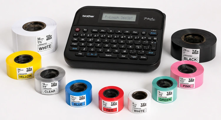 Brother p-touch compatible label tape cartridges in various widths and colors arranged on a desk