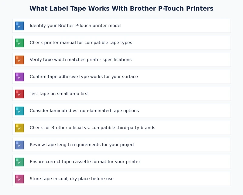 Checklist of brother p-touch compatible label tape buying considerations including width, adhesive type, and storage
