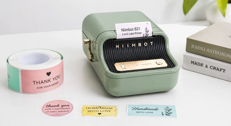 Niimbot B21 review showing the compact label printer next to printed labels