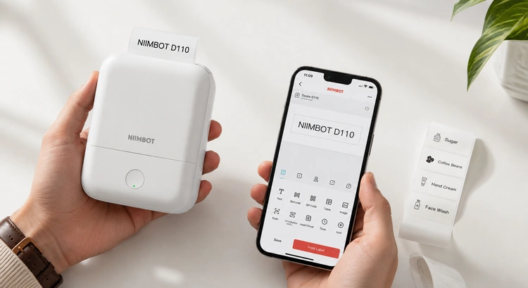 Niimbot D110 review showing the compact label maker next to printed thermal labels