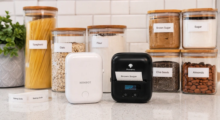 Niimbot vs Phomemo label printer side by side on a desk with printed labels