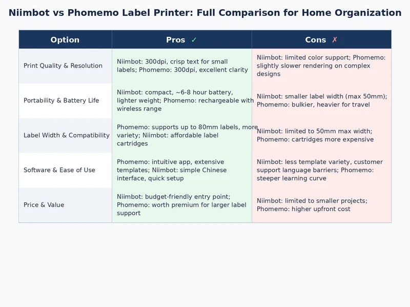 Comparison table showing Niimbot and Phomemo pros and cons for home organization labeling