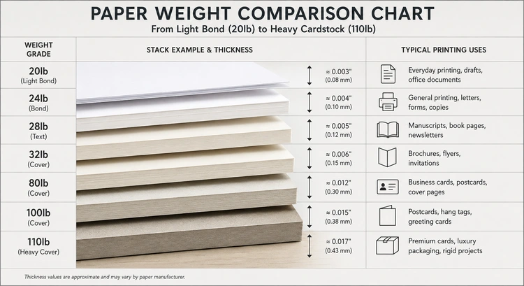Paper weight for printing guide infographic comparing GSM ranges across bond, text, cover, and photo categories