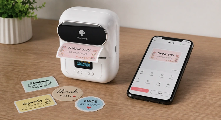 Phomemo M110 portable label printer review showing the compact white device next to printed labels