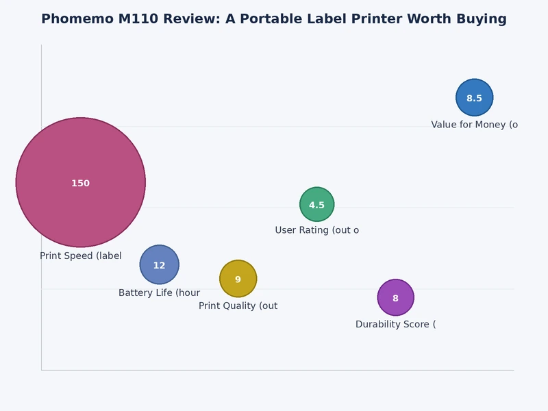 Chart comparing Phomemo M110 specifications including print speed, resolution, and battery life