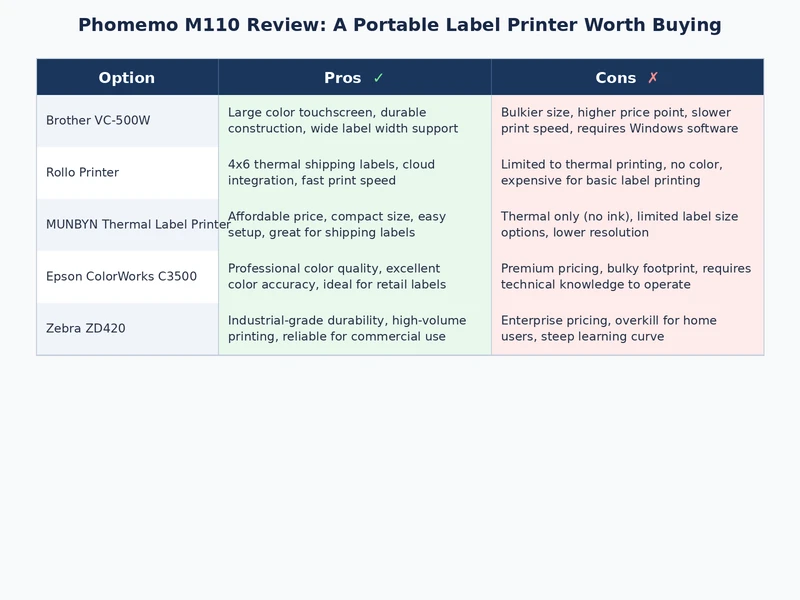 Comparison table showing Phomemo M110 versus competing portable label printers on key specifications