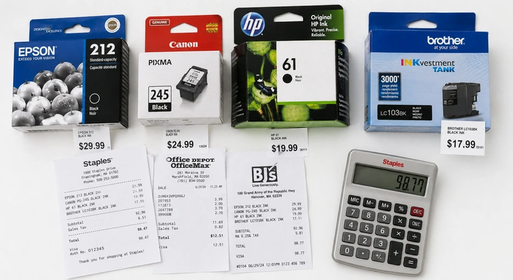 Photo printer ink cost comparison chart showing price per print across Canon, Epson, and HP models