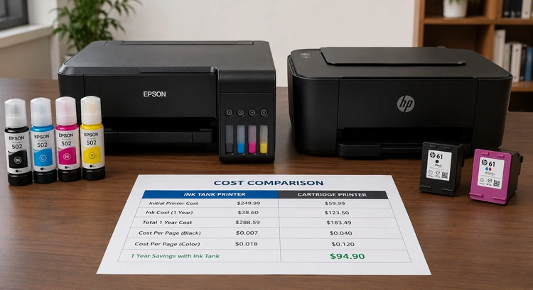 Refillable ink tank printer vs cartridge printer side by side on a desk