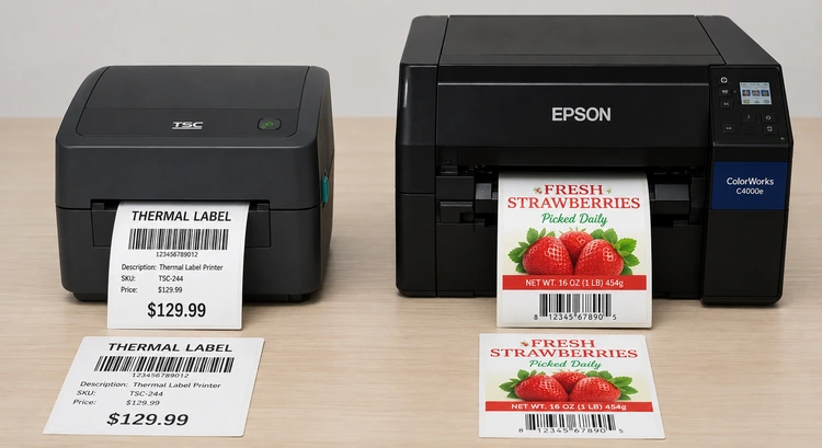 Thermal label printer vs inkjet label printer side by side on a desk with printed labels