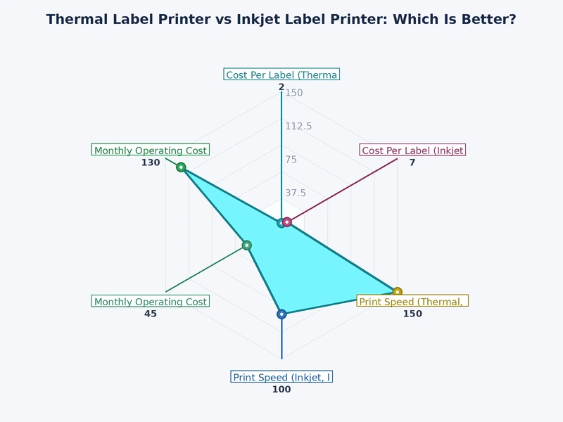 Bar chart comparing thermal and inkjet label printer cost per label, speed, and durability ratings