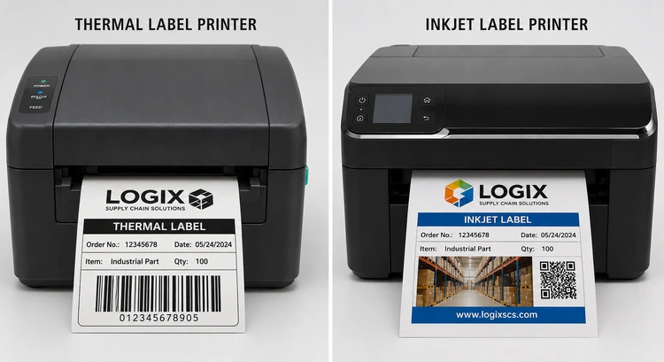 Thermal vs inkjet label printer side by side on a desk with sample labels