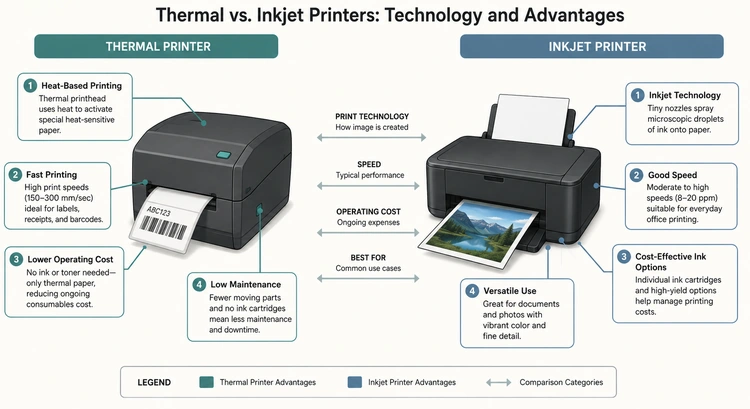 Infographic comparing thermal and inkjet label printer cost, speed, and maintenance