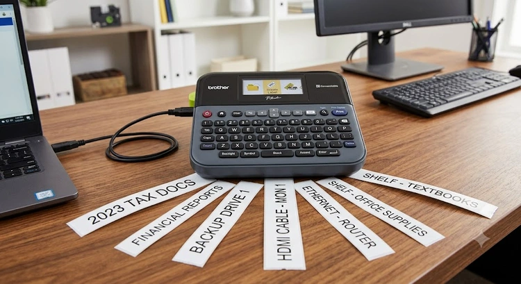 Brother PT-D600 label maker connected to a laptop running P-touch Editor software for PC-connected label printing