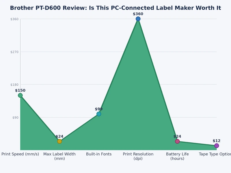 Bar chart comparing Brother PT-D600 specifications against Dymo LabelWriter 450 and Brother PT-P700