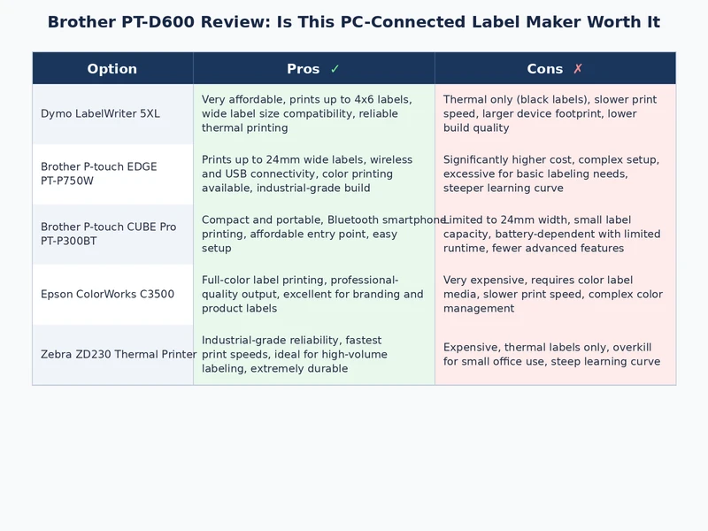 Side-by-side comparison chart of Brother PT-D600 vs Dymo LabelWriter 450 vs Brother PT-P700 label maker features