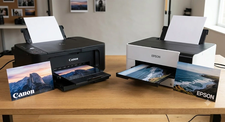 canon vs epson photo printers displayed side by side on a desk