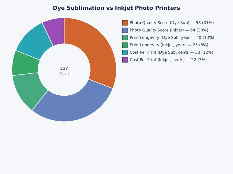 Bar chart comparing dye sublimation vs inkjet photo printer performance across key categories