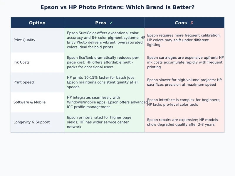 Epson vs HP photo printer comparison chart covering ink type, cost, and print longevity