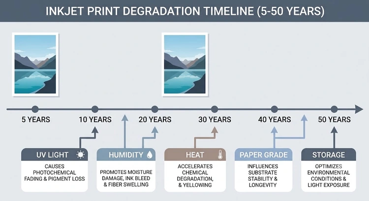 Infographic comparing how long inkjet photo prints last across ink types, paper grades, and storage conditions